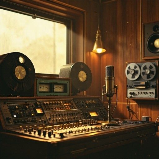 Vintage studio med mixerbord, bandspelare, mikrofon och högtalare