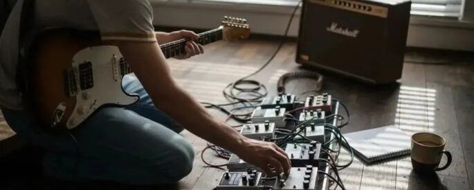 Gitarrist justerar effektpedaler framför en Marshall-förstärkare