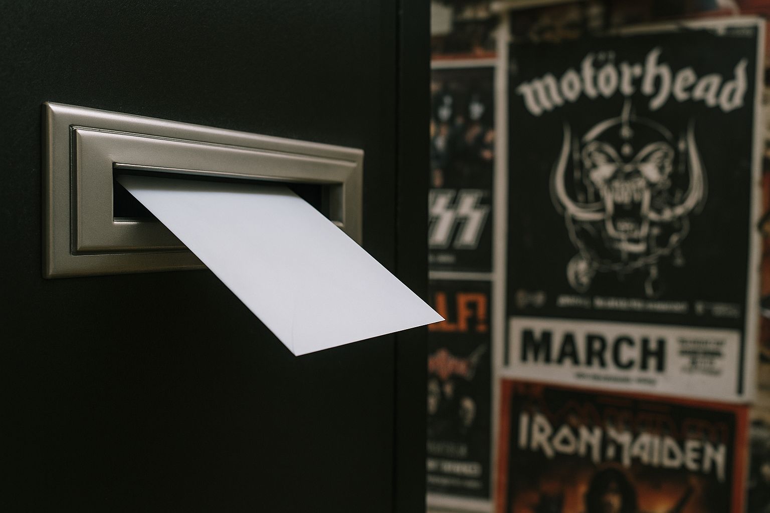 Brevinkast med rockbandaffischer och metallbokstäver som bildar ordet 